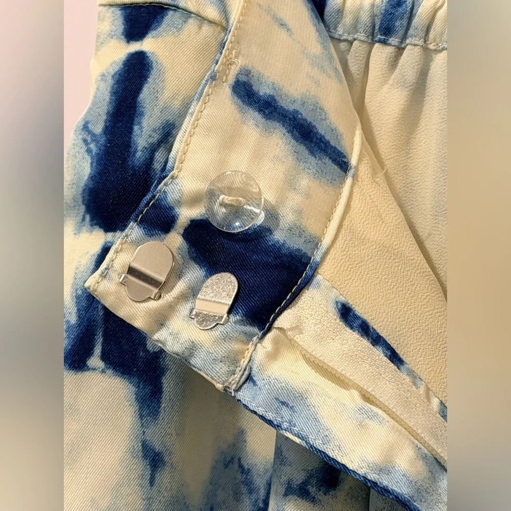 House of Harlow 1960 Tie Dye Wide Leg Satin Flowy Pants Trousers Blue and White - Picture 7 of 11